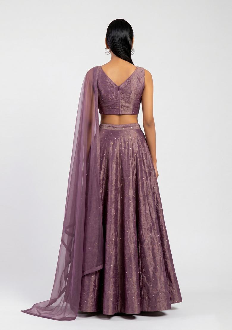 Mauve Embroidered Crepe Lehenga Set - Indya