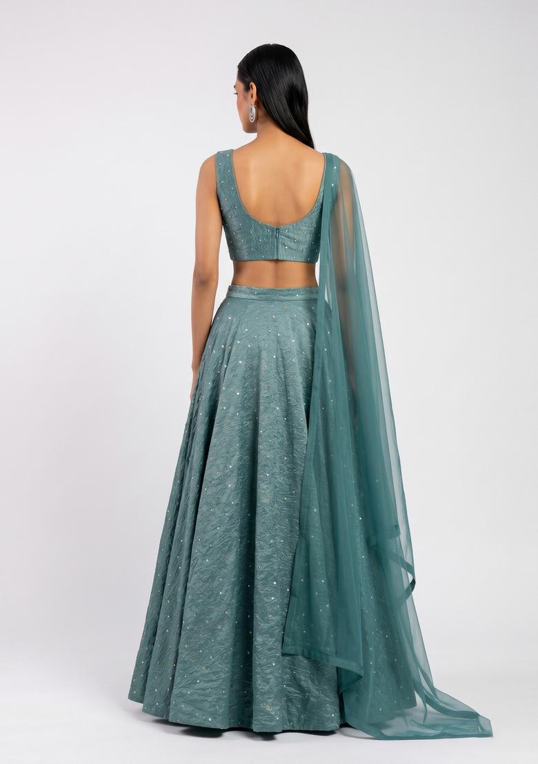 Sea Green Embroidered Crepe Lehenga Set - Indya