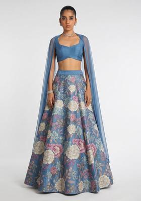 Powder Blue Printed Silk Blend Lehenga Set