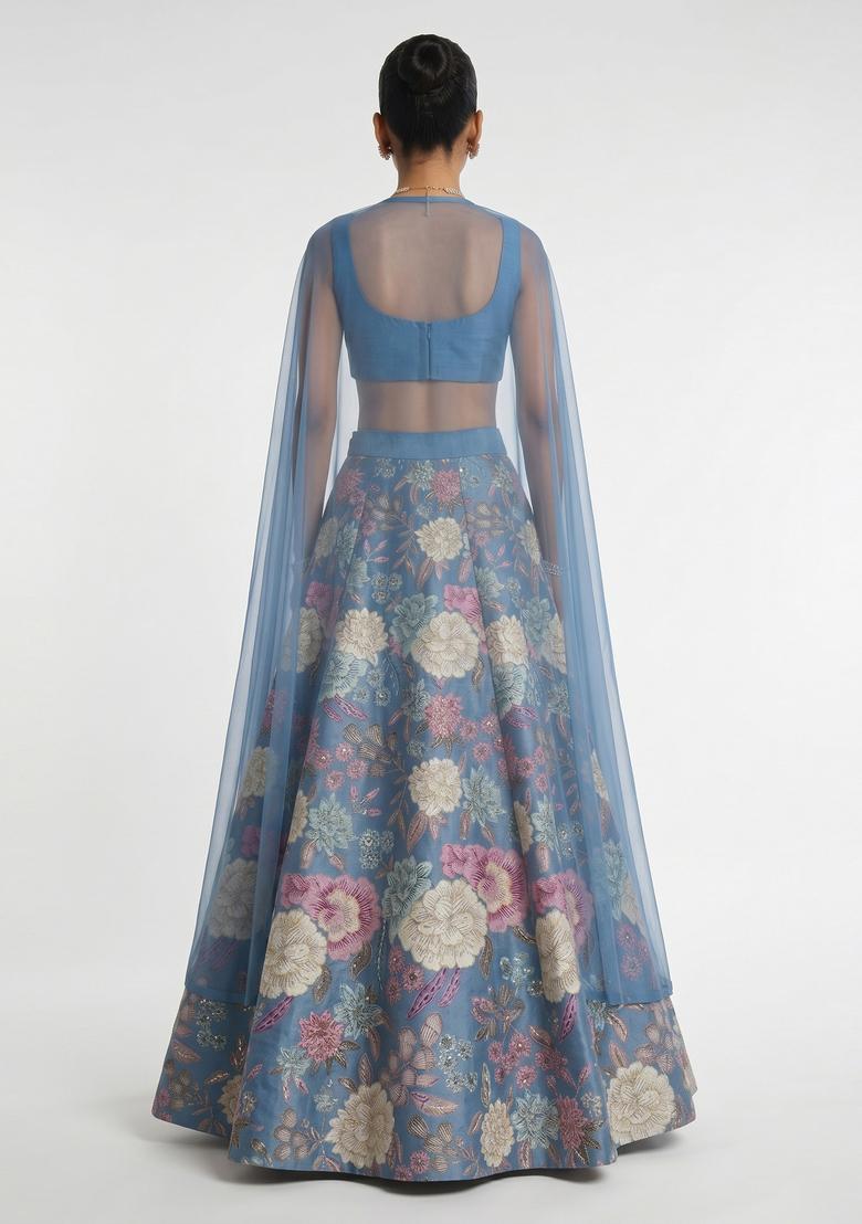 Powder Blue Printed Silk Blend Lehenga Set - Indya