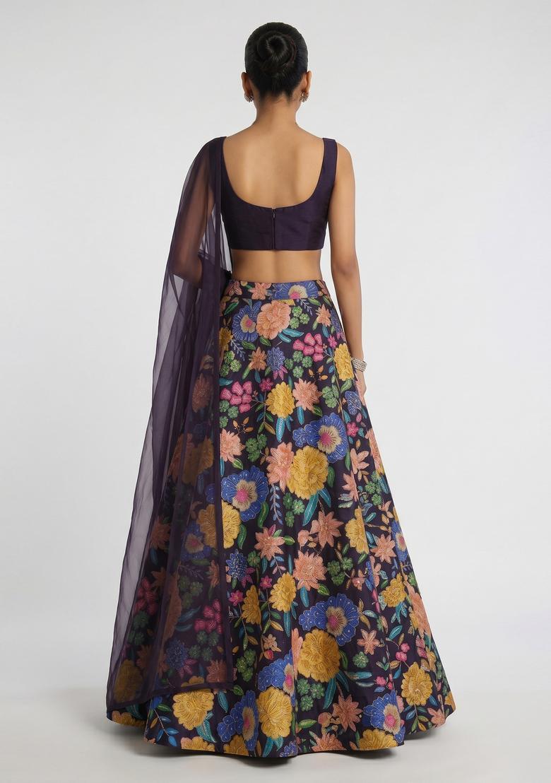 Deep Purple Printed Silk Blend Lehenga Set - Indya
