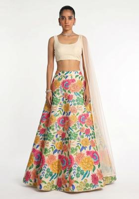 Off-White Printed Silk Blend Lehenga Set