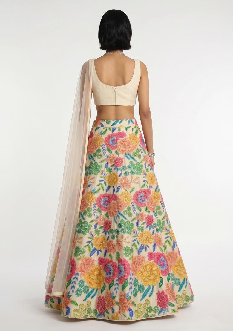 Off-White Printed Silk Blend Lehenga Set - Indya