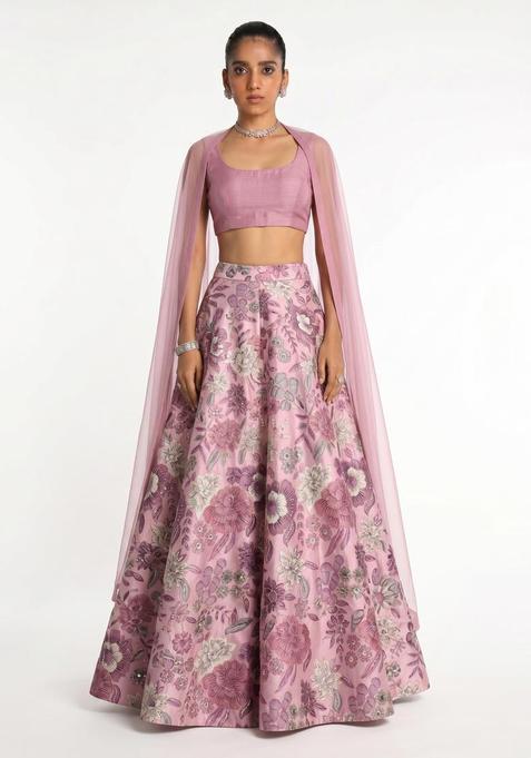 Pastel Pink Printed Silk Blend Lehenga Set
