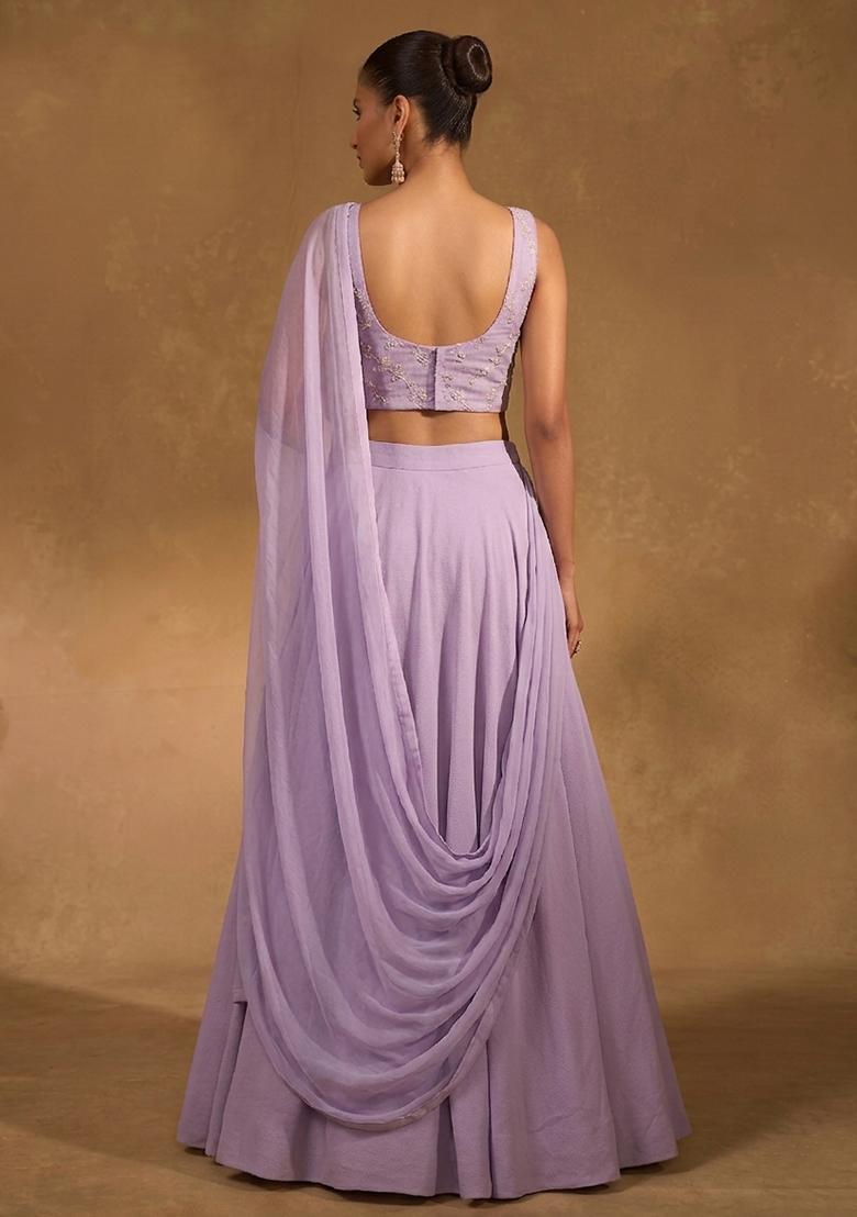 Lavender Embroidered Chanderi Lehenga Set - Indya