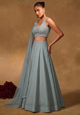 Powder Blue Embroidered Chanderi Lehenga Set