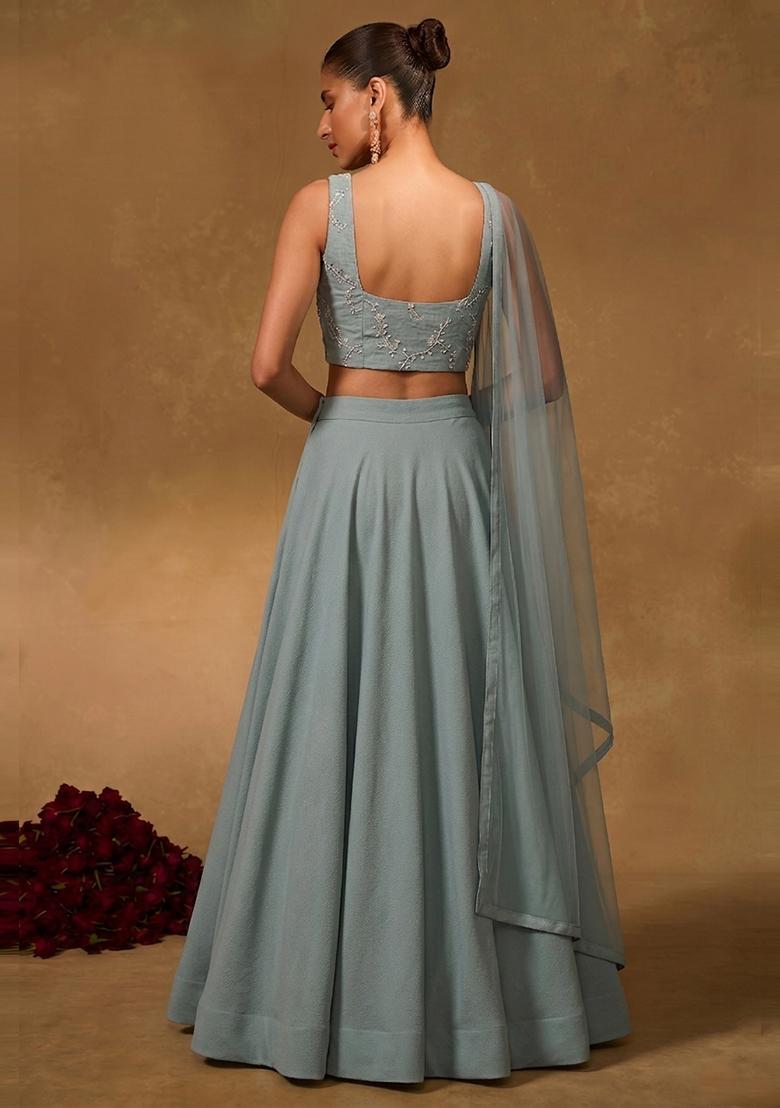 Powder Blue Embroidered Chanderi Lehenga Set - Indya