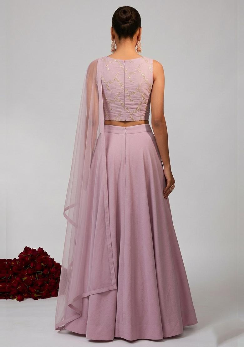 Pastel Pink Embroidered Chanderi Lehenga Set - Indya