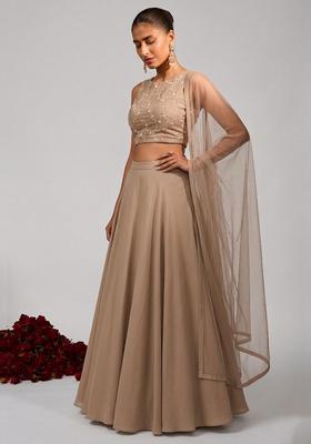 Sand Beige Embroidered Chanderi Lehenga Set