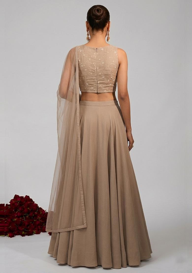 Sand Beige Embroidered Chanderi Lehenga Set - Indya