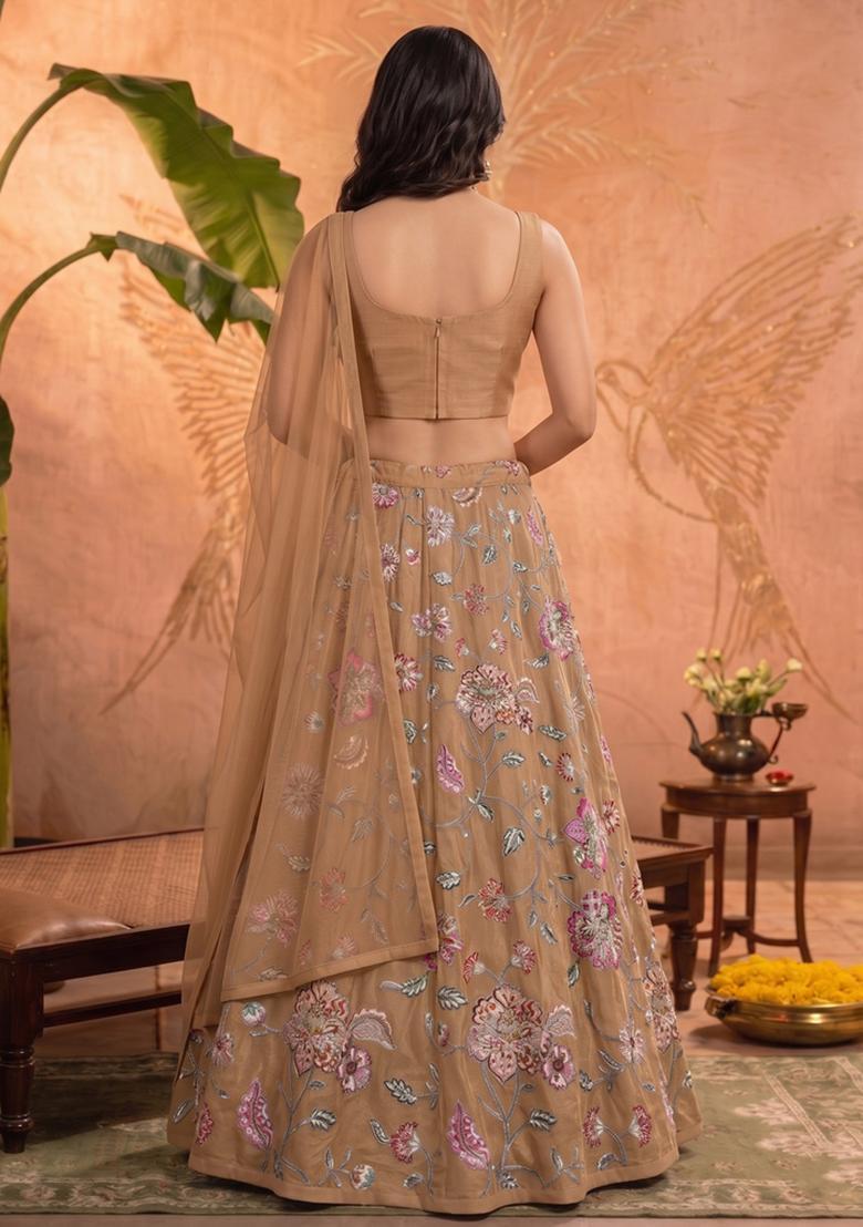 Beige Printed Crepe Lehenga Set - Indya