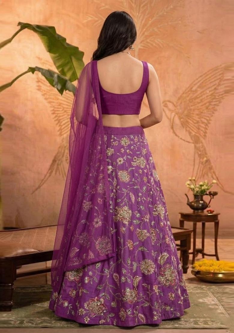 Magenta Printed Crepe Lehenga Set - Indya