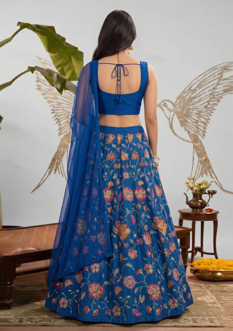 Royal Blue Printed Crepe Lehenga Set - Indya