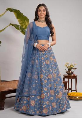 Powder Blue Printed Crepe Lehenga Set