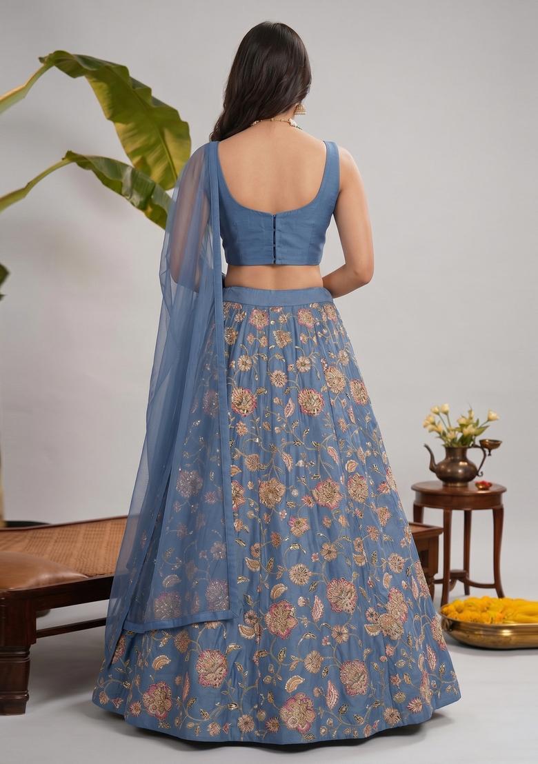 Powder Blue Printed Crepe Lehenga Set - Indya