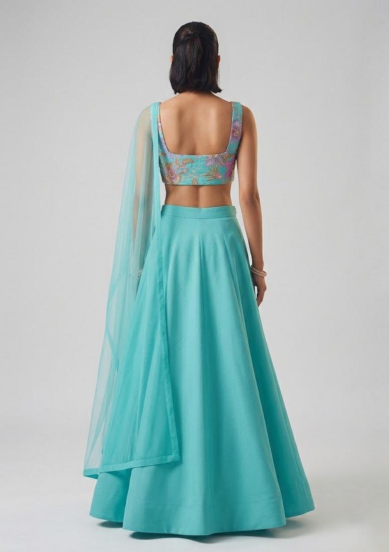 Turquoise Blue Printed Organza Lehenga Set - Indya