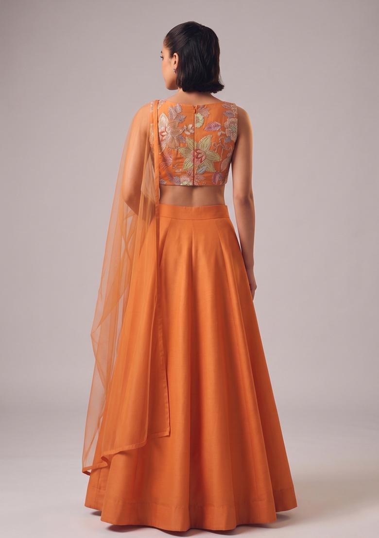 Rust Orange Printed Organza Lehenga Set - Indya