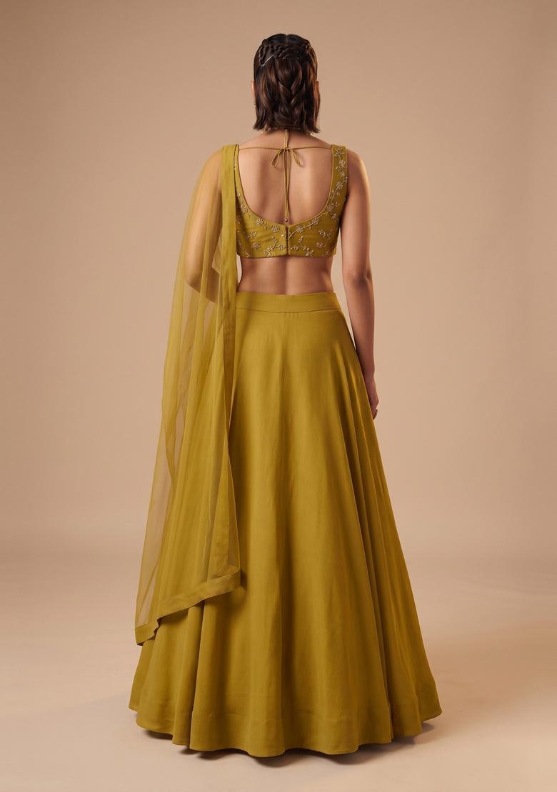 Olive Green Embroidered Organza Lehenga Set - Indya