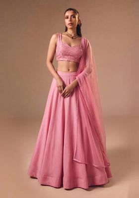 Pink Embroidered Organza Lehenga Set