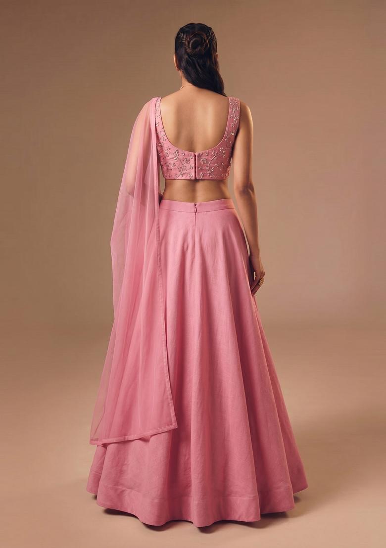 Pink Embroidered Organza Lehenga Set - Indya