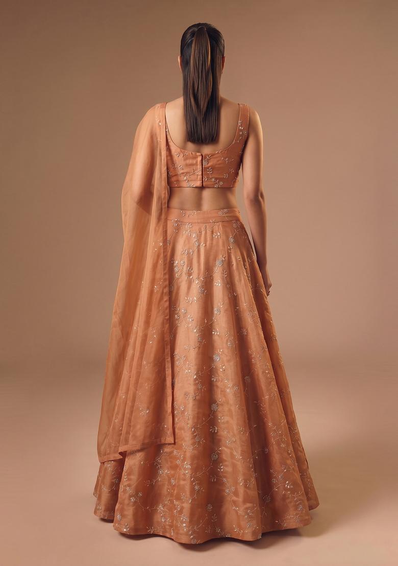 Rust Embroidered Organza Lehenga Set - Indya