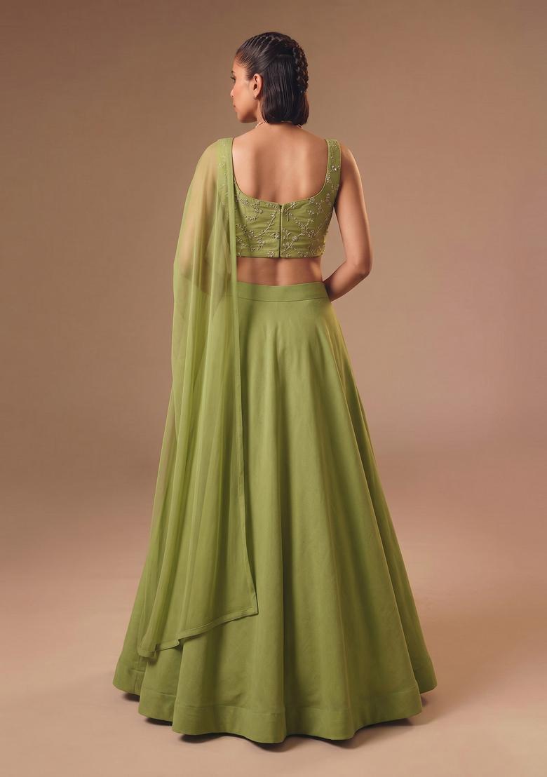 Green Embroidered Organza Lehenga Set - Indya