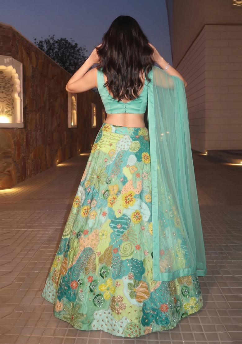Mint Green Printed Crepe Lehenga Set - Indya