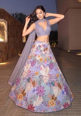 Lavender Printed Crepe Lehenga Set