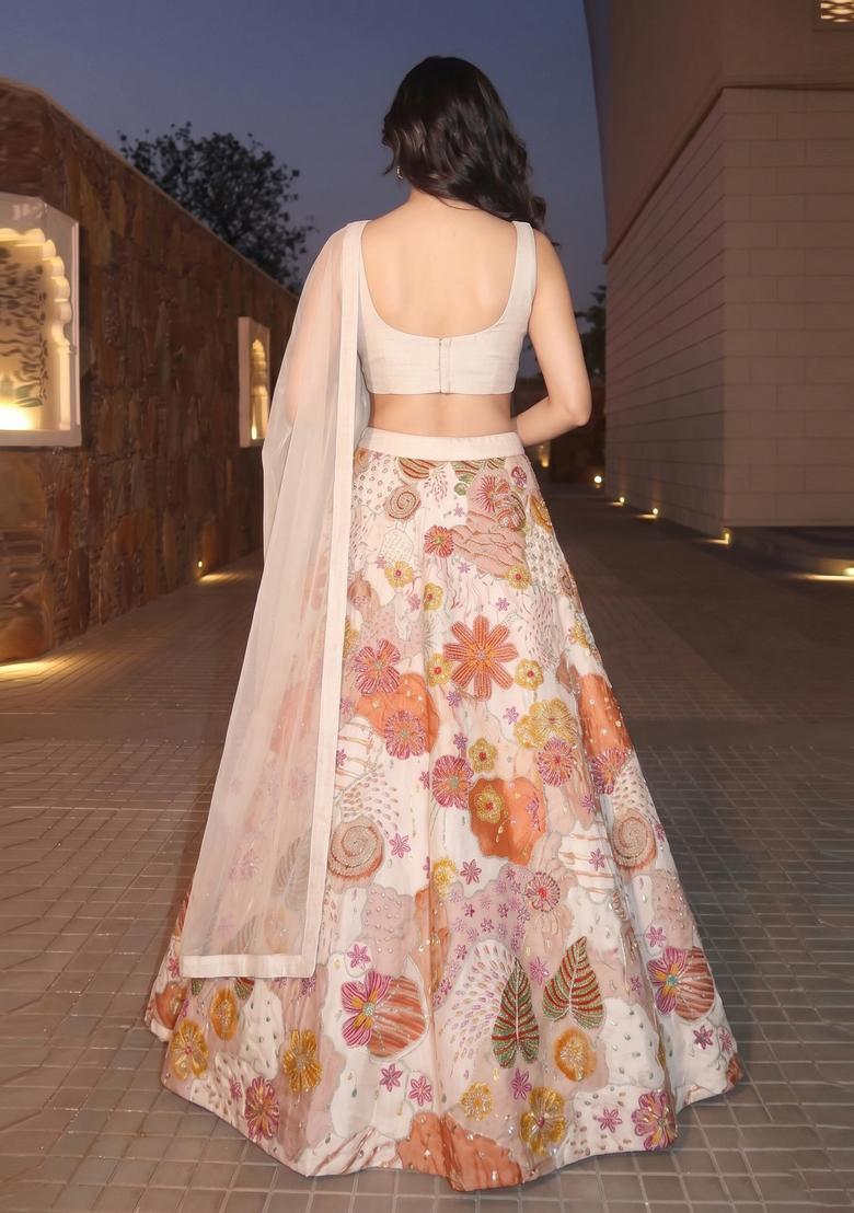 Off White Printed Crepe Lehenga Set - Indya