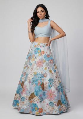 Powder Blue Printed Crepe Lehenga Set