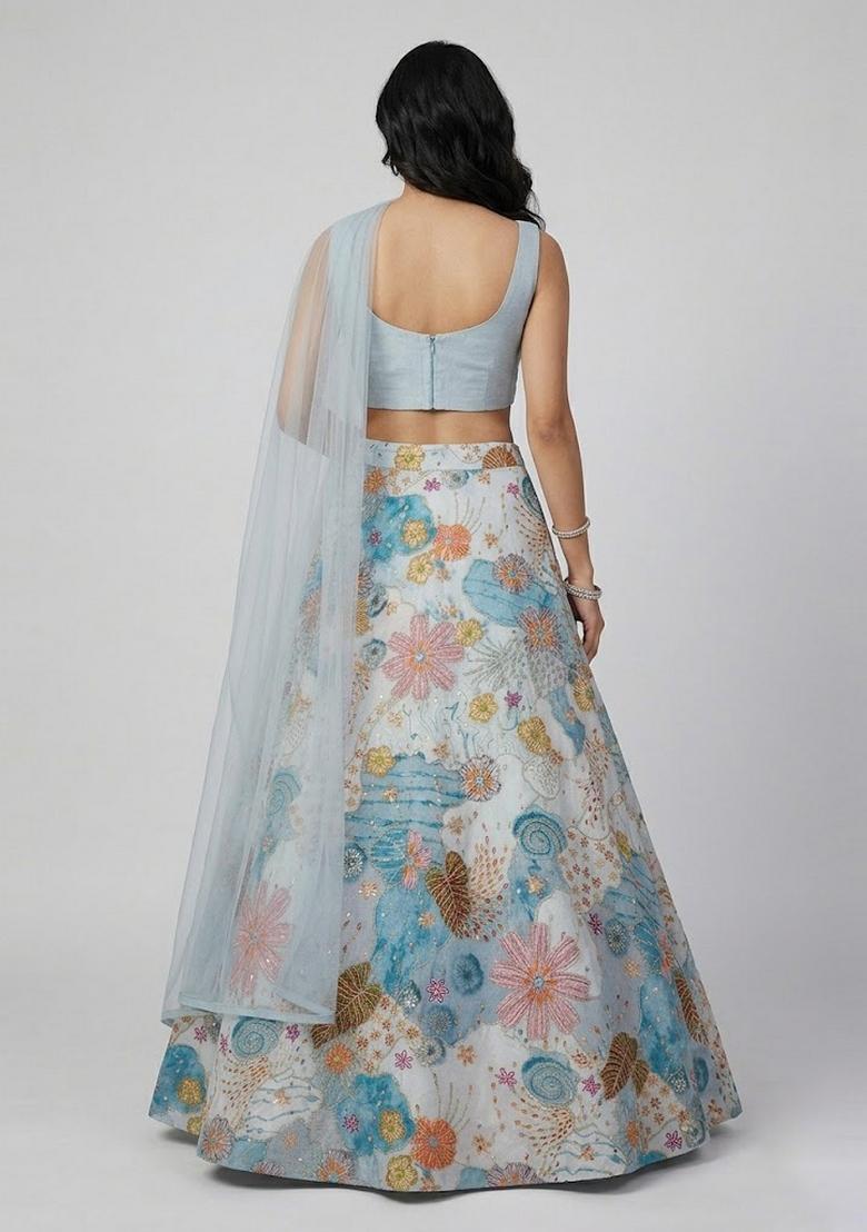 Powder Blue Printed Crepe Lehenga Set - Indya