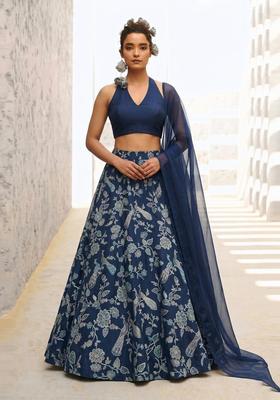 Navy Blue Printed Crepe Lehenga Set