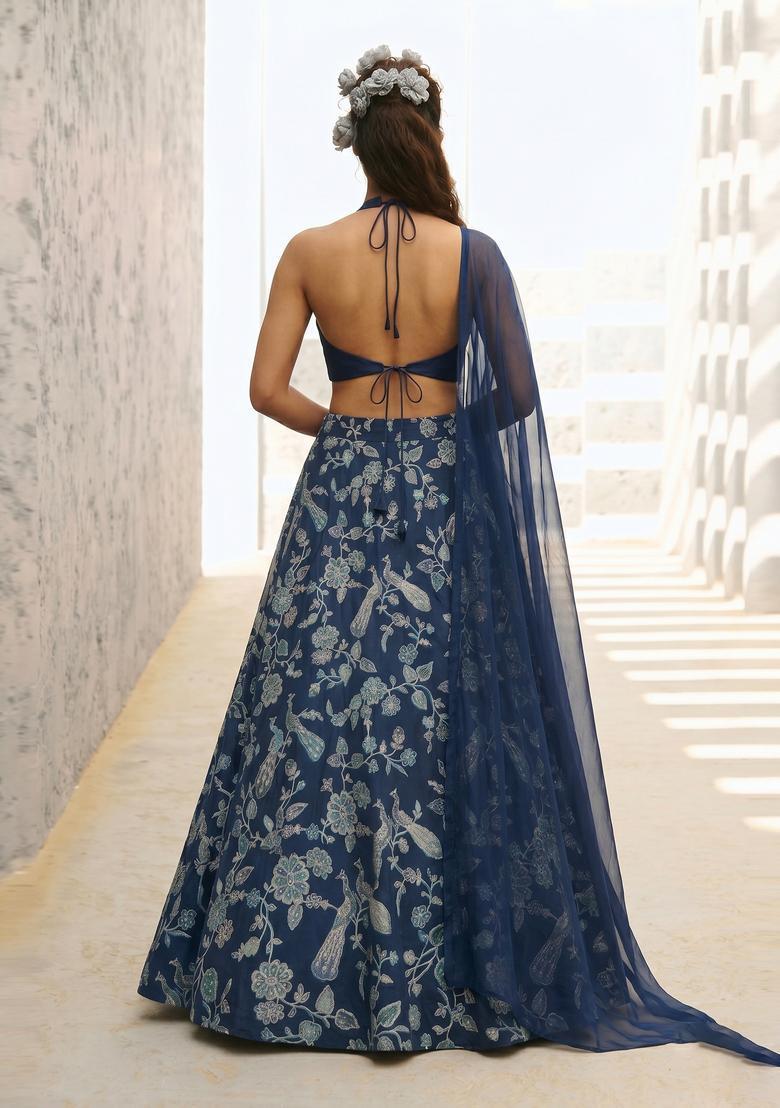 Navy Blue Printed Crepe Lehenga Set - Indya