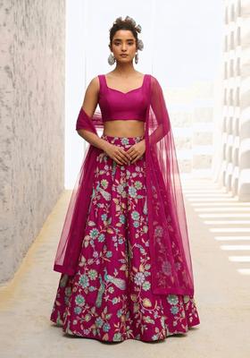Magenta Printed Crepe Lehenga Set