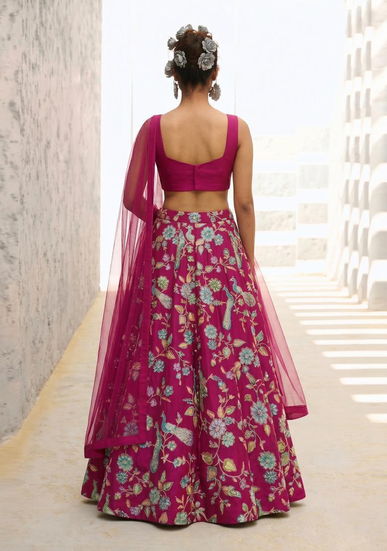 Magenta Printed Crepe Lehenga Set - Indya