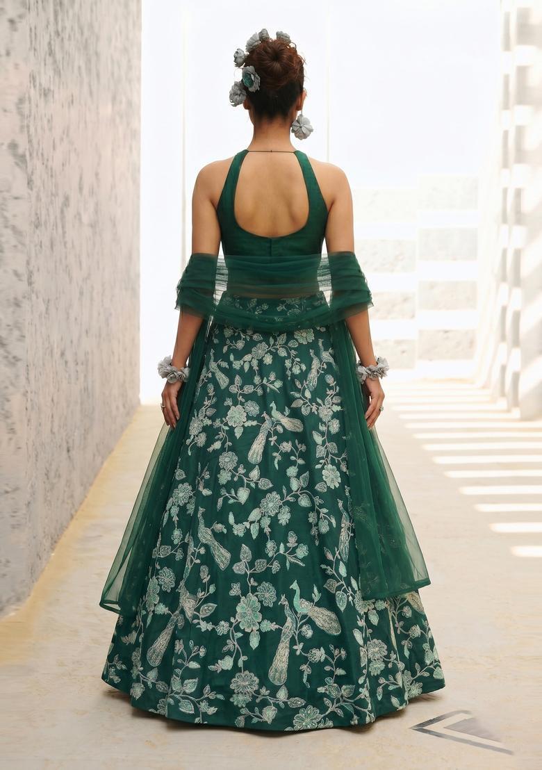 Emerald Green Printed Crepe Lehenga Set - Indya