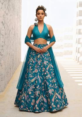 Teal Blue Printed Crepe Lehenga Set