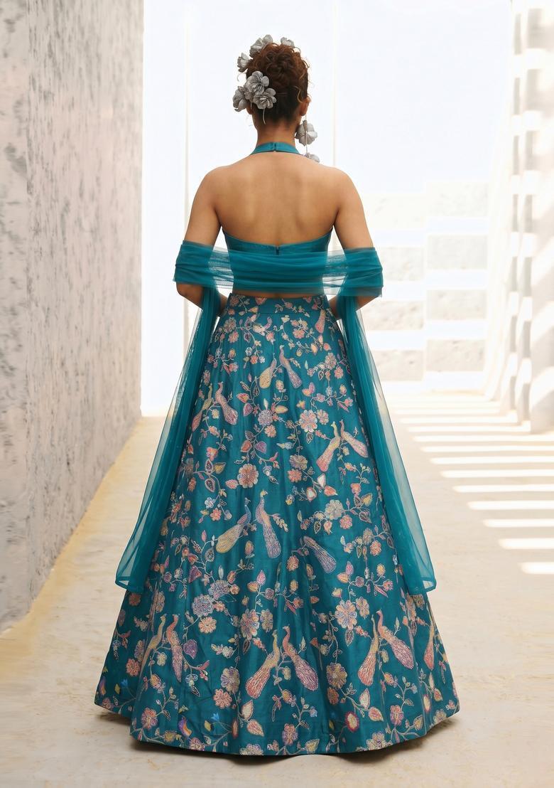 Teal Blue Printed Crepe Lehenga Set - Indya
