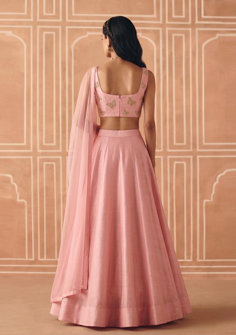 Soft Pink Embroidered Organza Lehenga Set - Indya