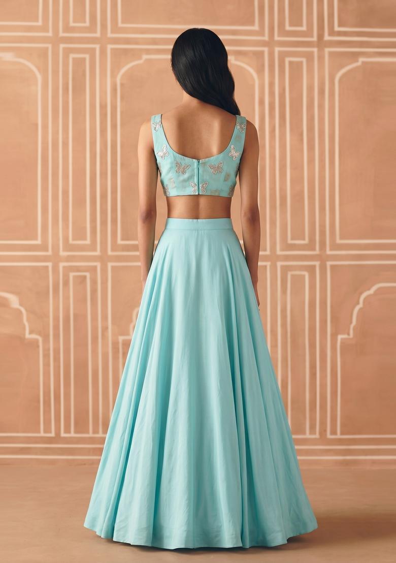 Blue Embroidered Organza Lehenga Set - Indya
