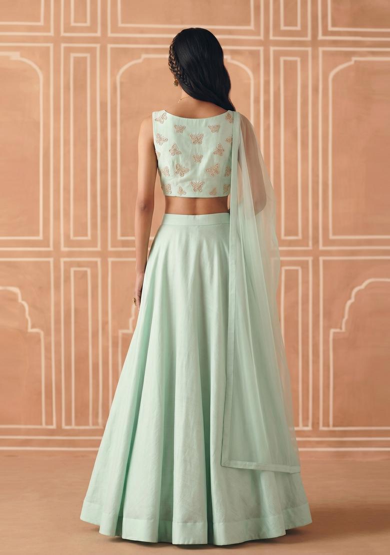 Mint Embroidered Organza Lehenga Set - Indya