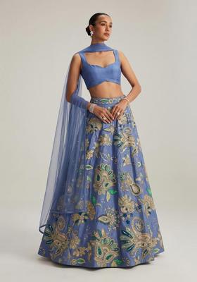 Powder Blue Printed Crepe Lehenga Set