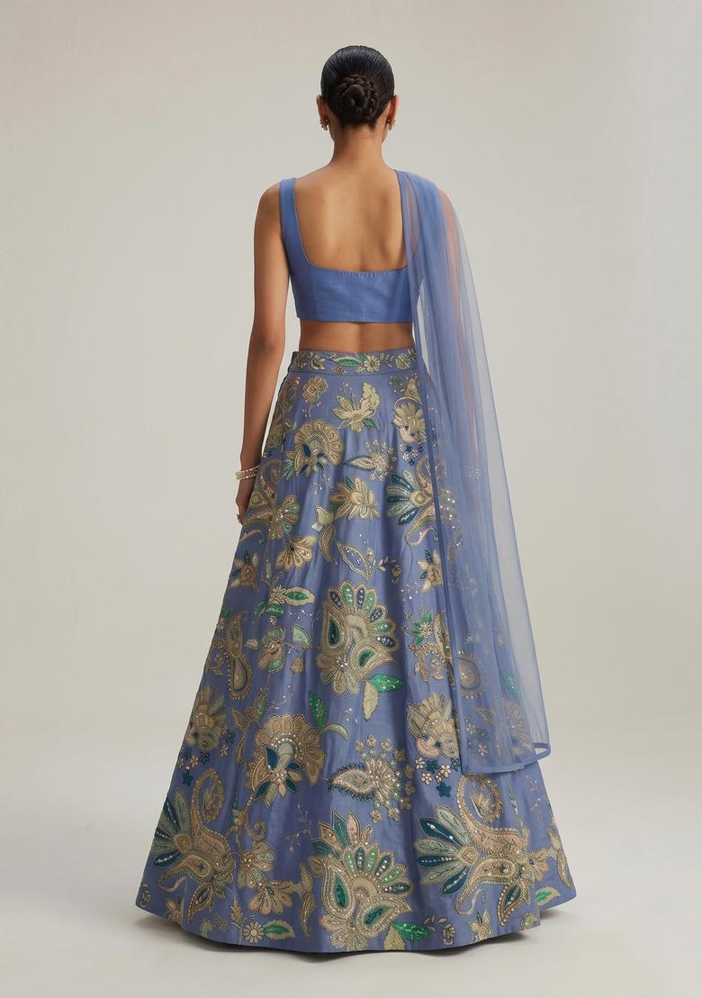 Powder Blue Printed Crepe Lehenga Set - Indya