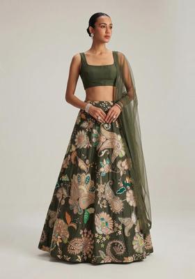 Olive Green Printed Crepe Lehenga Set