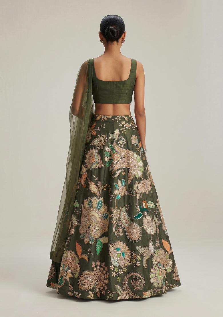 Olive Green Printed Crepe Lehenga Set - Indya