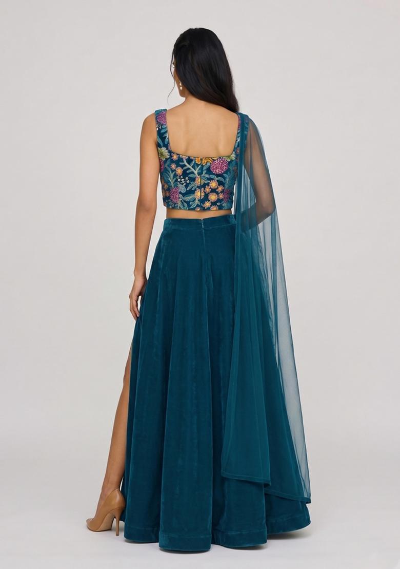 Teal Blue Printed Crepe Lehenga Set - Indya