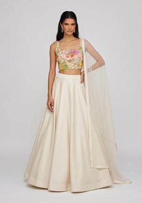 White Printed Crepe Lehenga Set