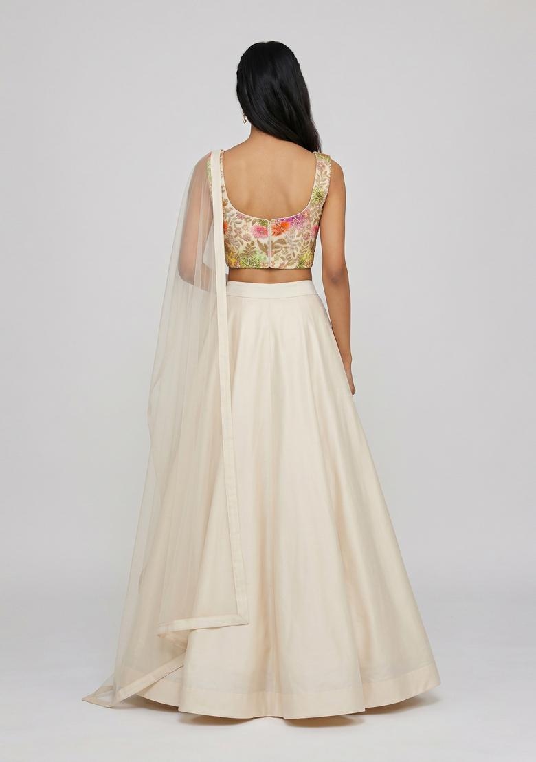 White Printed Crepe Lehenga Set - Indya