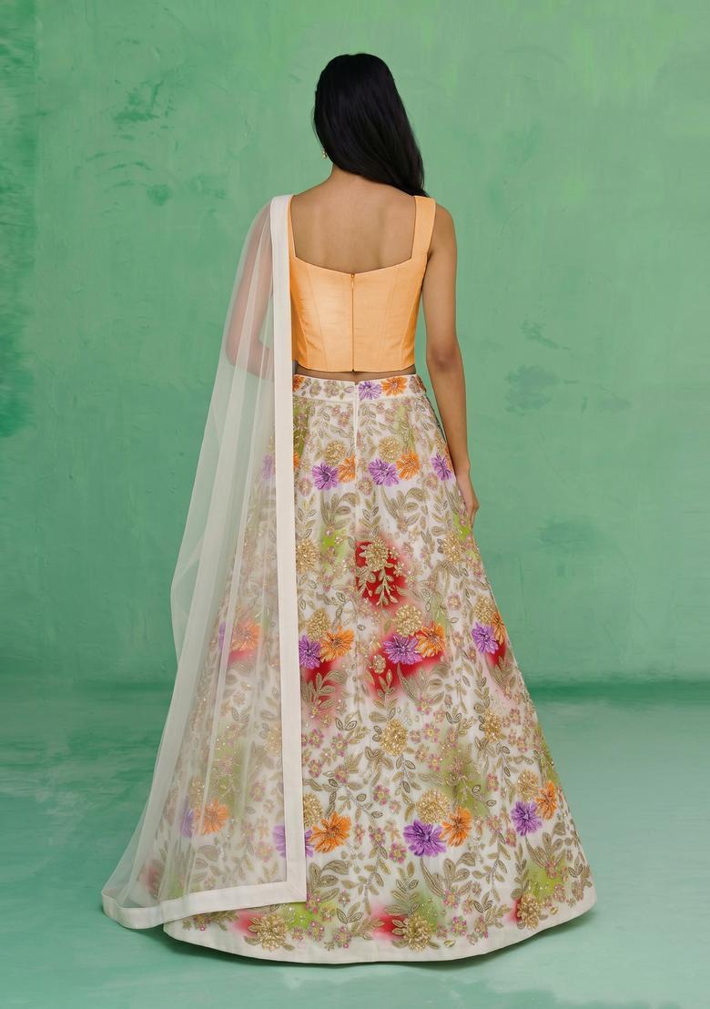 White Printed Crepe Lehenga Set - Indya