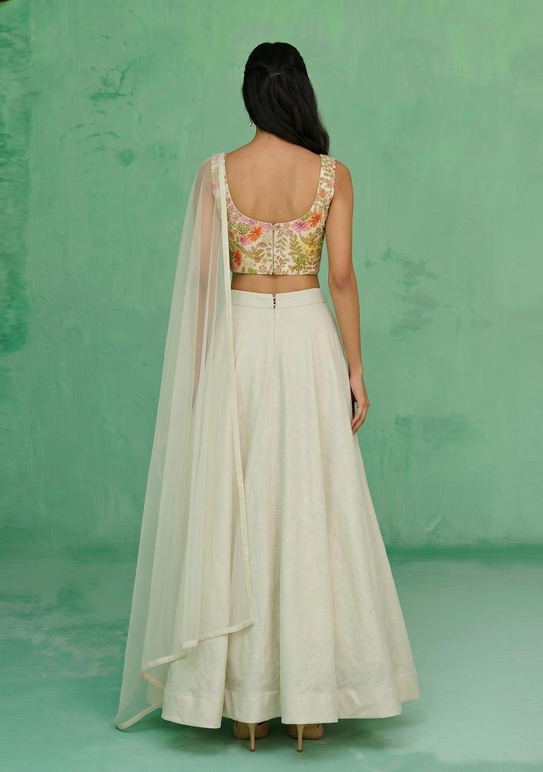 Off White Printed Crepe Lehenga Set - Indya